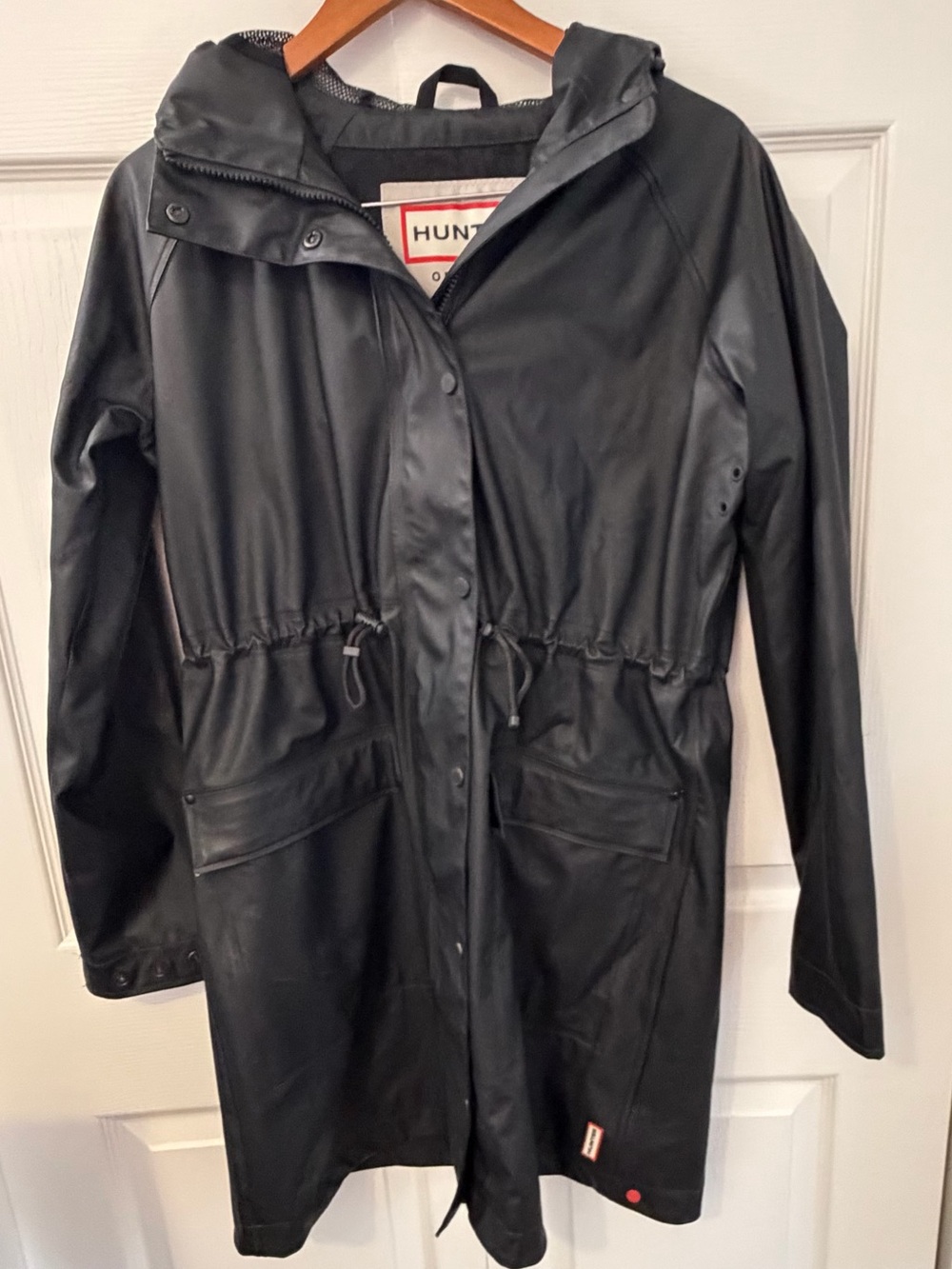HUNTER ORIGINAL BLACK WATERPROOF HOODED RAIN JACKET DRAWSTRING WAIST Women Small